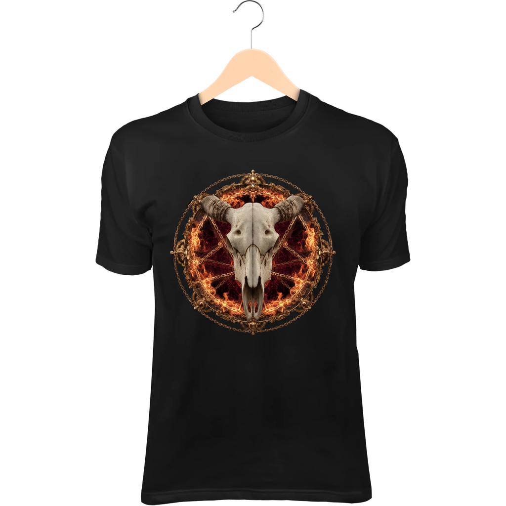 Demon Goat Skull II T-Shirt – Fire Pentagram, Ritual Chains, Dark Occult Art