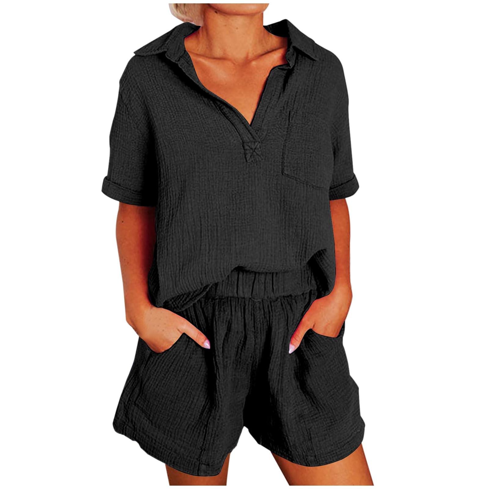 

Women s Two Piece Outfits V Neck Short Sleeve Shirts And High Waist Shorts Sets XXL