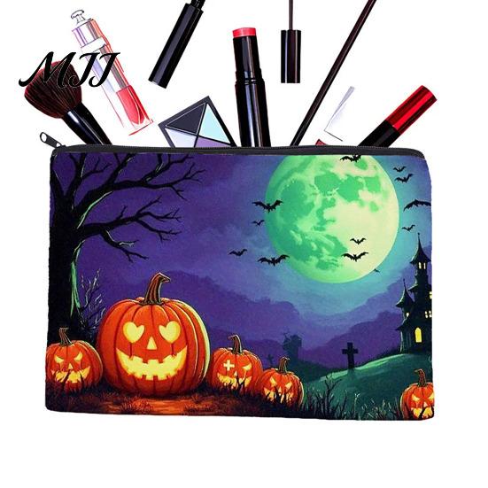 Spooky Stationery Organizer Halloween Storage Bag, with Pumpkin Ghost Pattern Design, Thickened Wear Resistant Canvas Bag Cosmetic