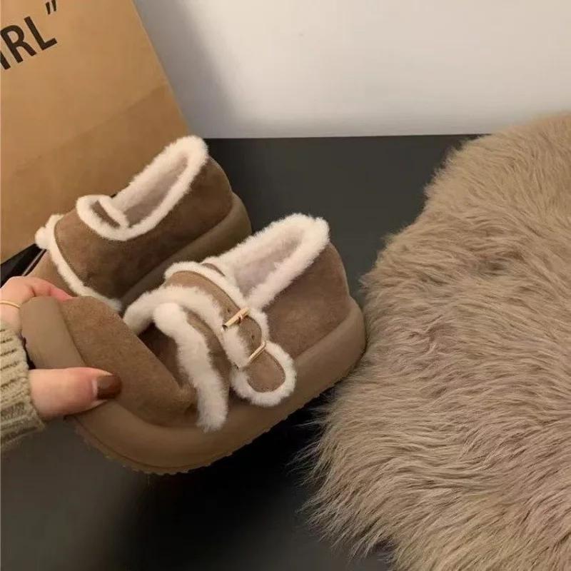 Fashion 2025 Frosted Leather Thick-soled Brown Velvet Boken Shoes Autumn Winter Snow Boots Women's Cotton Sneakers Wear Fluffy Mary Jane