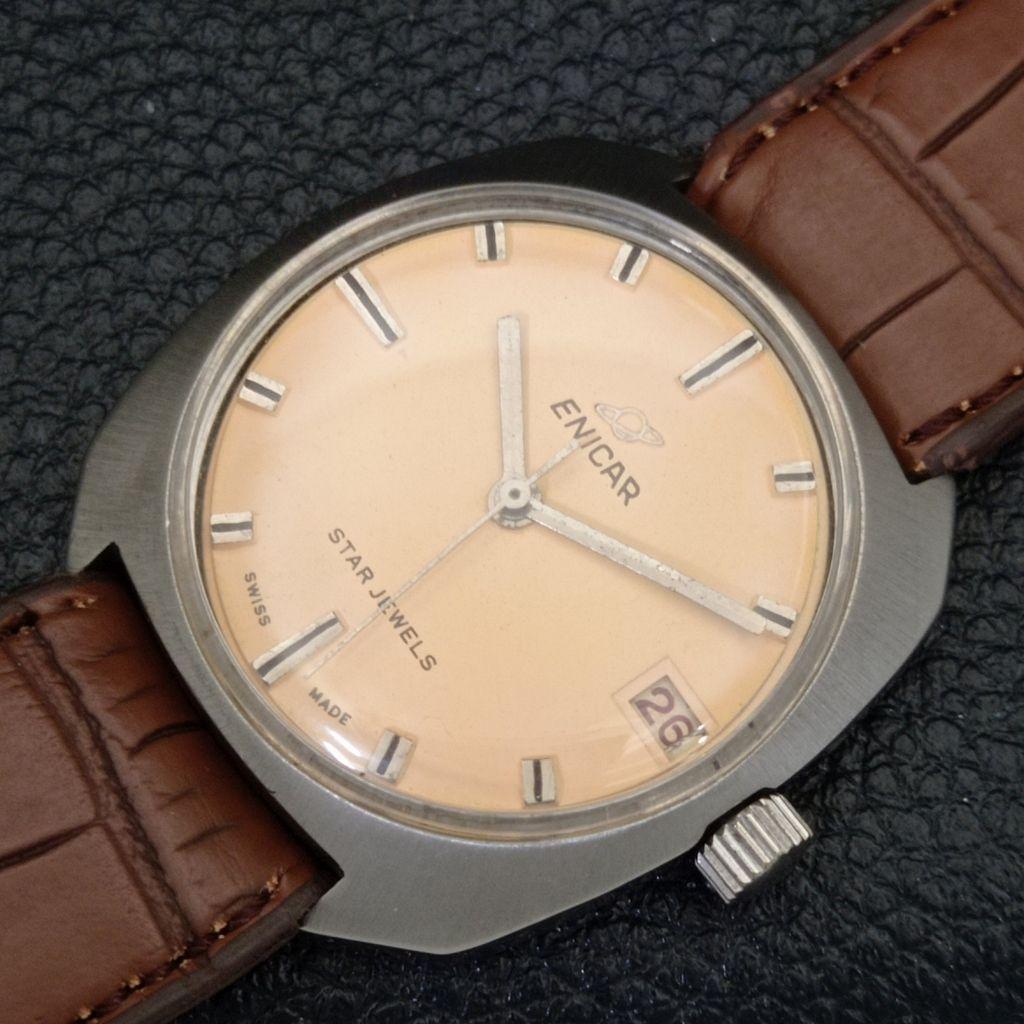 VINTAGE ENICAR STAR JEWELS HAND-WINDING SWISS MENS BEIGE DIAL WATCH A700137-5 R201-a700137