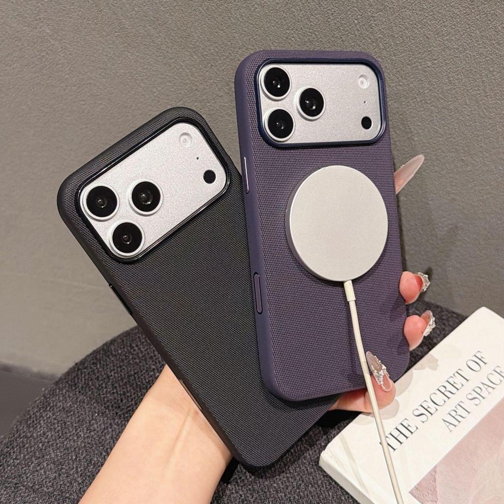 Magnetic Tech Cloth Fabric Phone Case for iPhone 15/16/17 Pro Max with Camera Button Protection.