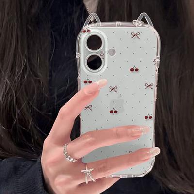 Przezroczyste Kocie Uszy Bezramkowe Etui Ochronne na Telefon Komórkowy iPhone16pro dla iPhone14 dla Apple z Łańcuszkiem