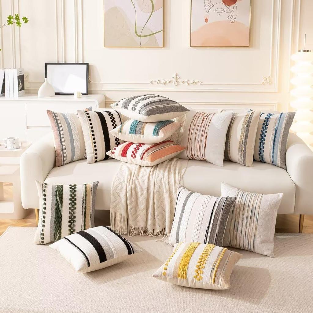 Boho Throw Pillow Covers 18x18 Set of 2 Farmhouse Decorative Cushion Case Striped Square Pillows Cover Chenille Pillow Cases Accent Neutral