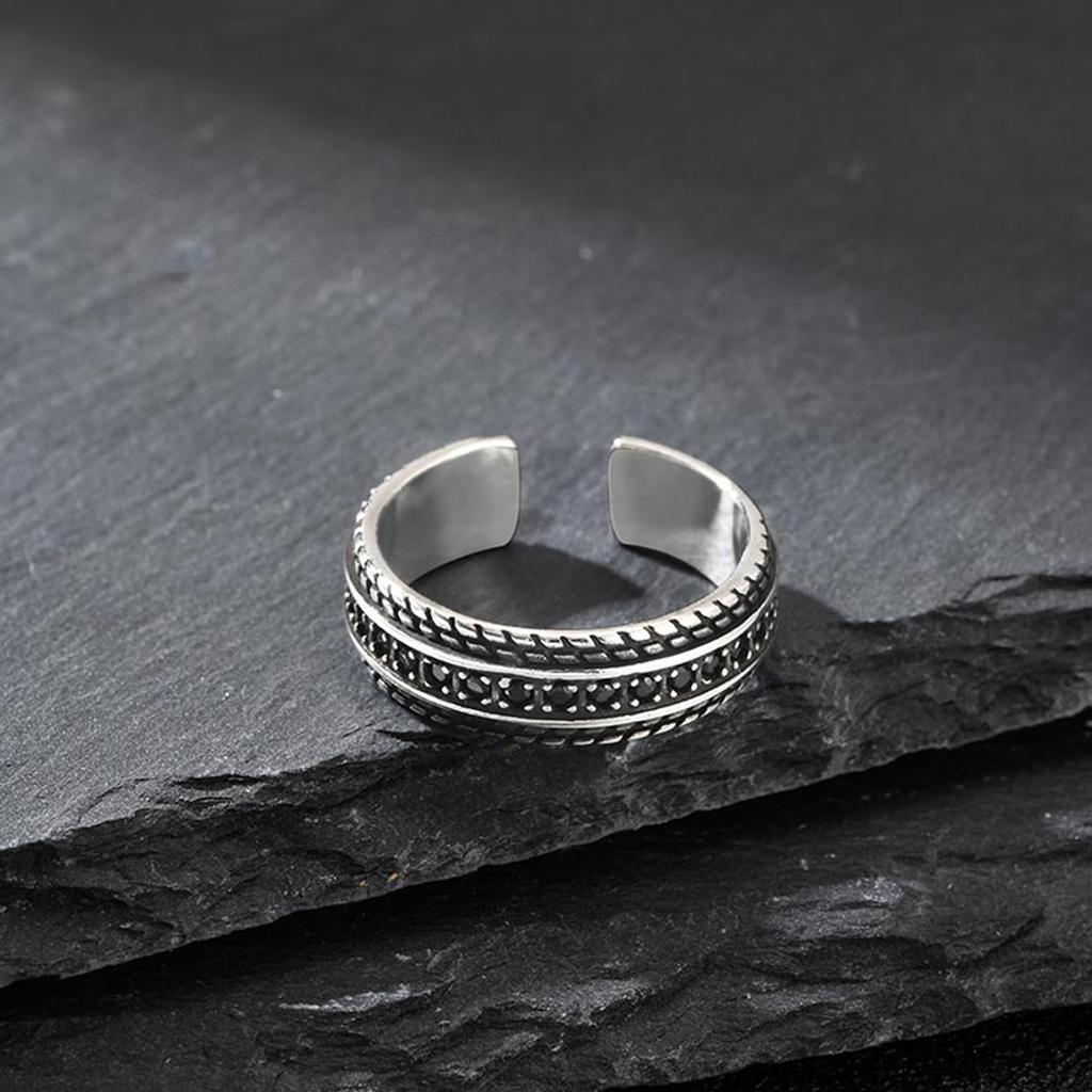 Fashion Tire Texture Black Cubic Zircon Open Ring for Men, Silver Color Metal Chunky Ring, Vintage Punk Finger Jewelry Gifts