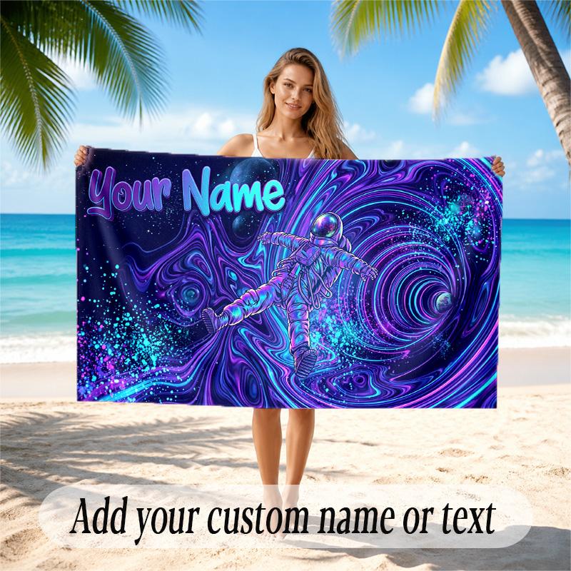 Astronaut Space Theme Quick Dry Beach Towel Custom Name Text Print Large Sand Resistant Towel Beach Vacation