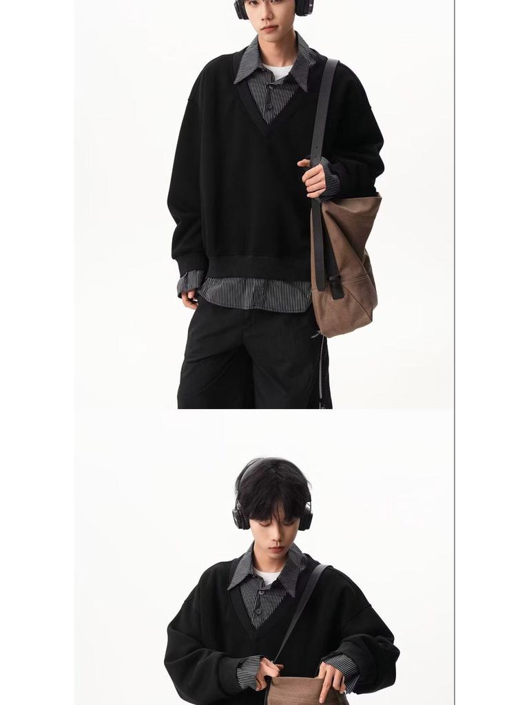 Autumn Faux Two-Piece Hoodie - Unisex Korean Style Loose Pullover with Shirt Collar