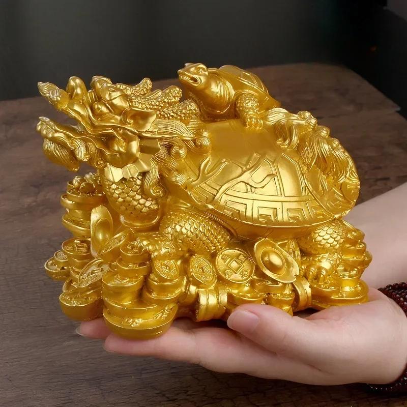 

1pcs Resin Gold Feng Shui Dragon Turtle Figurine Tortoise Statue Coin Money Wealth Animal Ornaments For Home Office Table Decor 5.5x3.5x3.5cm