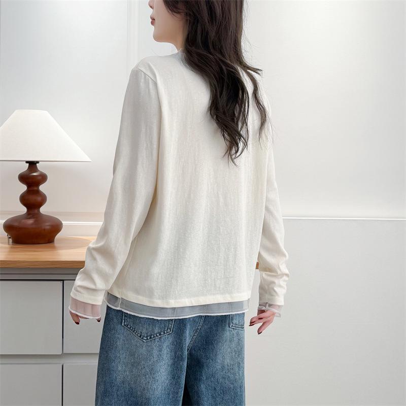 2026 Spring Plus Size Women's Mesh Splicing Long Sleeve Round Neck Base Layer Top for Chubby Girls