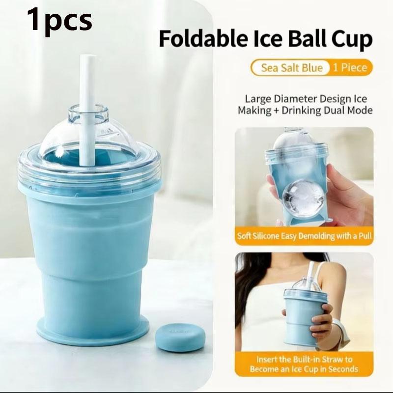 

2-in-1 Foldable Silicone Ice Ball Maker Straw Cup Portable Reusable Ice Mold with Lid Leak-Proof Travel Cup for Camping Summer