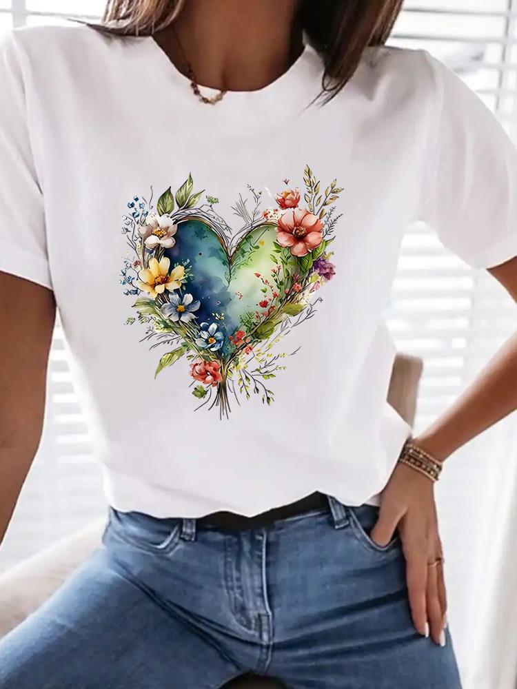 (Asian Size) Print flower butterfly trend Women Tee Top T Shirt Woman Fashion Female Short Sleeve Clothing Graphic T-shirts