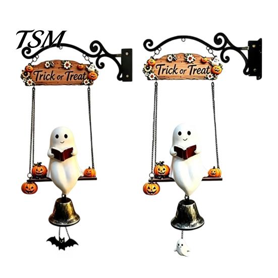 Decorative Holiday Door Sign Ghost Wind Chime Wall Hanging, Halloween Porch Yard Decor with Resin Metal Bell, Rustic Bell Vintage Farmhouse