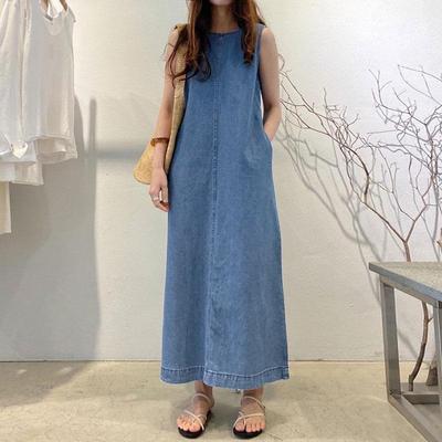 Women's Summer Round Neck Sleeveless A-Type Solid Color Thin Long Dress