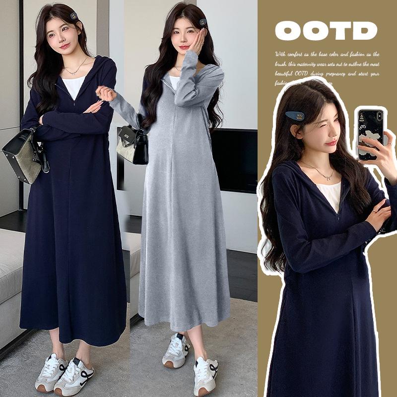 

Spring Loose Fit Maternity Dress, Long Sleeve, Cotton, Hooded, Plus Size, 2026 M темно-синий
