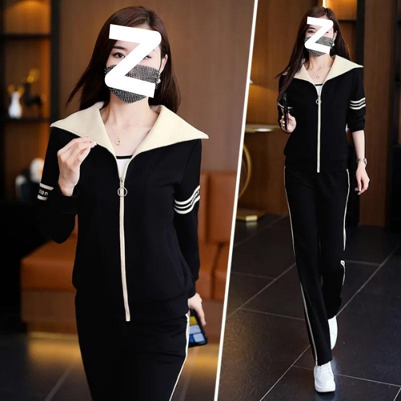 Spring and Autumn Cardigan Zipper Solid Color Middle-aged and Elderly Mother's Clothing Modern Style Age-reducing Loose Slimming Two-piece Set