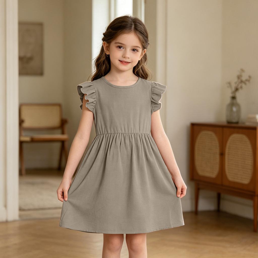 Girls' Linen Dress - Summer Breathable Casual Sundress