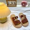 Soft leather retro one-word slippers women's summer 2025 new flat-soled women's shoes soft-soled women's belt buckle beach shoes