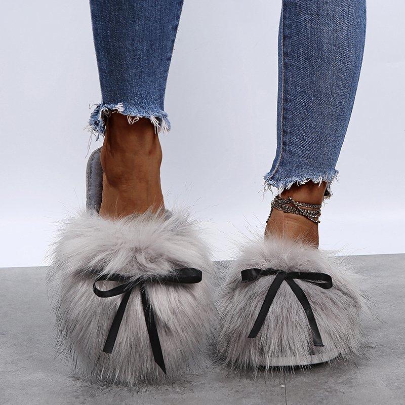 Fashion Sweet Bowknot Mix Color Faux Fur Slides Women 2025 Autumn Warm Short Plush Outdoor Slippers Soft Sole Cotton Mules Slippers