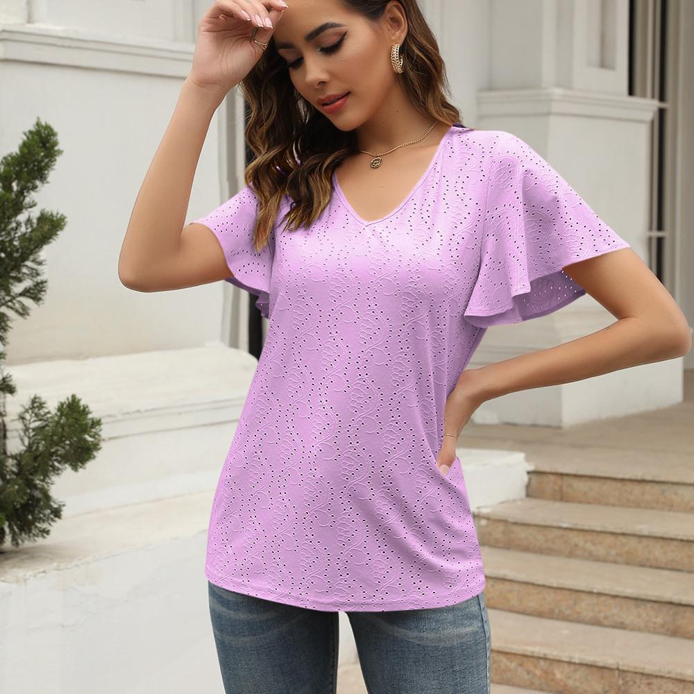 GMXIA Women's Fashion Casual Solid Color Print Short Sleeve V-Neck T-shirts and Tops