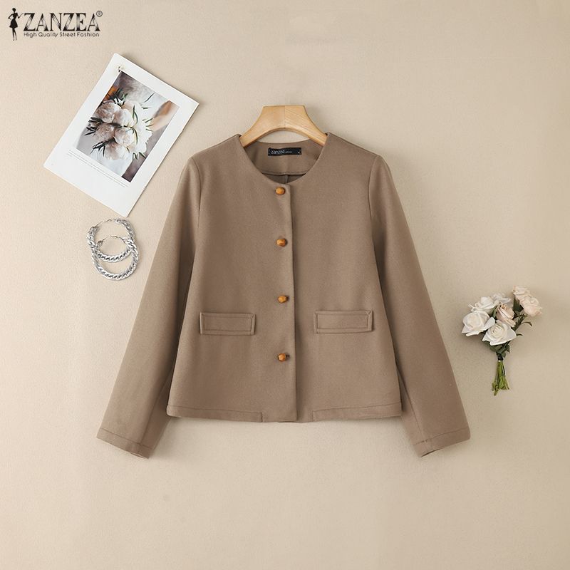 ZANZEA Women Casual Round Neck Long Sleeve Thin Woolen Jackets
