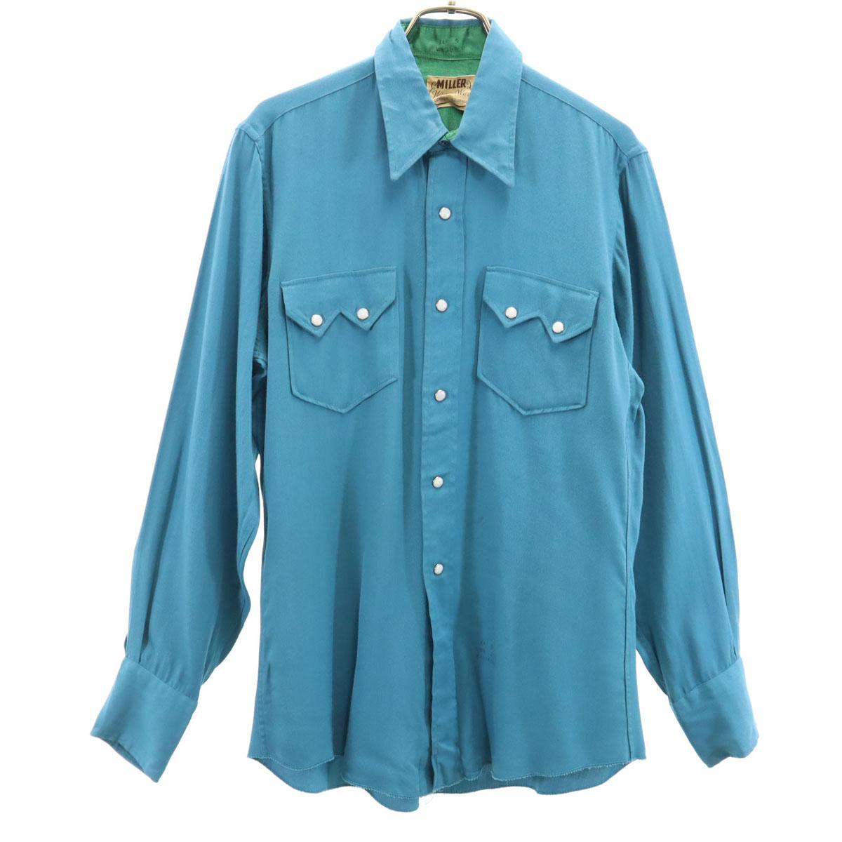 

MILLER винтажная рубашка 50-х годов с длинным рукавом S сине-зеленая мужская б/у