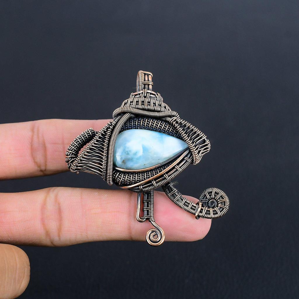 Larimar Pendant Gemstone Jewelry, 999 Copper Wire Wrapped Pendant, Handmade Jewelry Birthstone Pendant, Gift For Him
