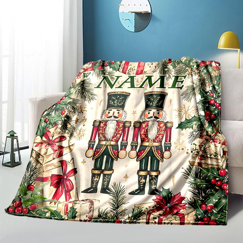 1PC Custom Name Christmas Nutcracker Guards outdooor Flannel blankets Throw Blanket All-Season Throw Gift Bedspread for Couch, Bed, Camping Holiday Bi