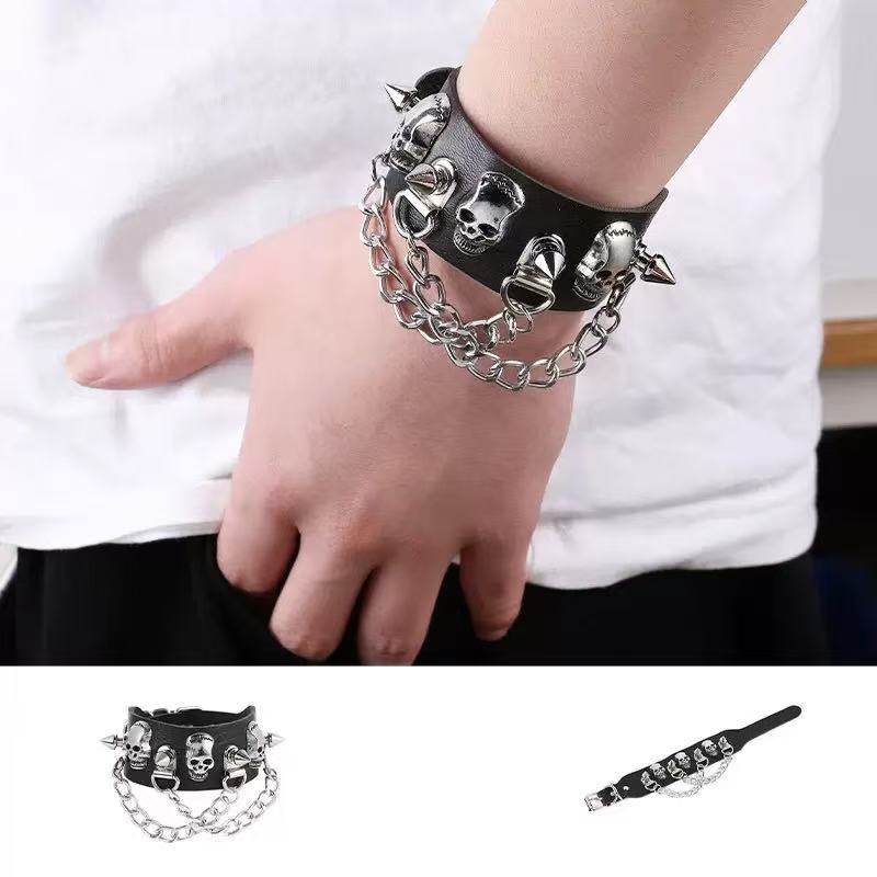 Fashion, Personality, Domineering Skull, Rivet, Punk Street Accessories, Pu Leather Bracelets, Halloween Gifts