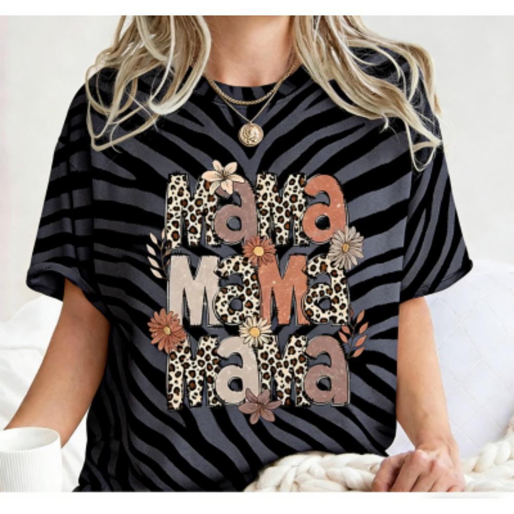 Fashion Funny Grid Leopard Mama Print Women's Short Sleeves T-Shirt Loose Casual Summer Outdoor Street Women's Tees Tops