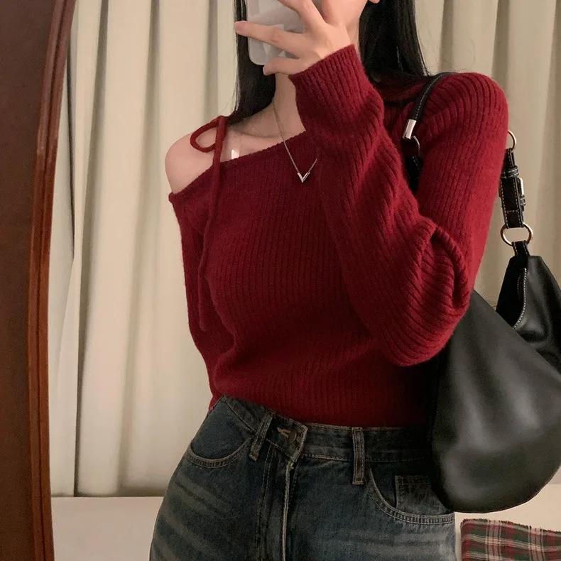 Slanted Collar Tied Irregular Pullover Women's Long Sleeved Knitted Tops Autumn Winter Korean Fashion Red Retro Sweaters