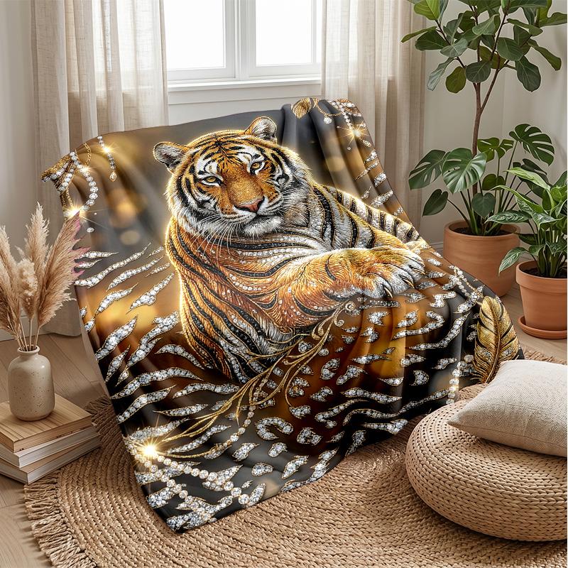 Golden Tiger Majesty Theme Blanket Lightweight Warm Flannel Blanket Decorative Throw Blanket for Home Decoration