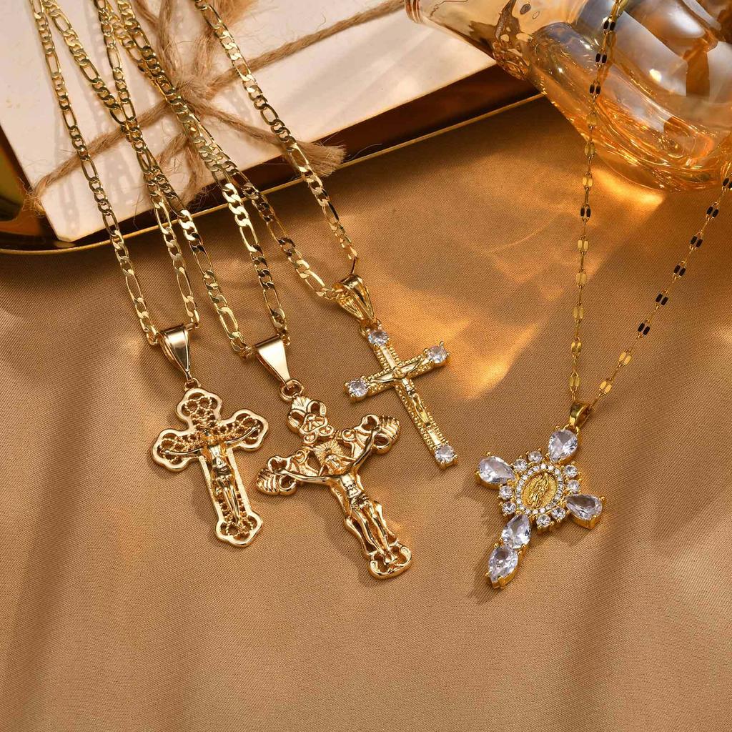 Vnox Gold Plated Pendant Necklaces For Women Stainless Steel Hollow Jesus Cross Necklaces Classic Design Christain Jewelry Gift