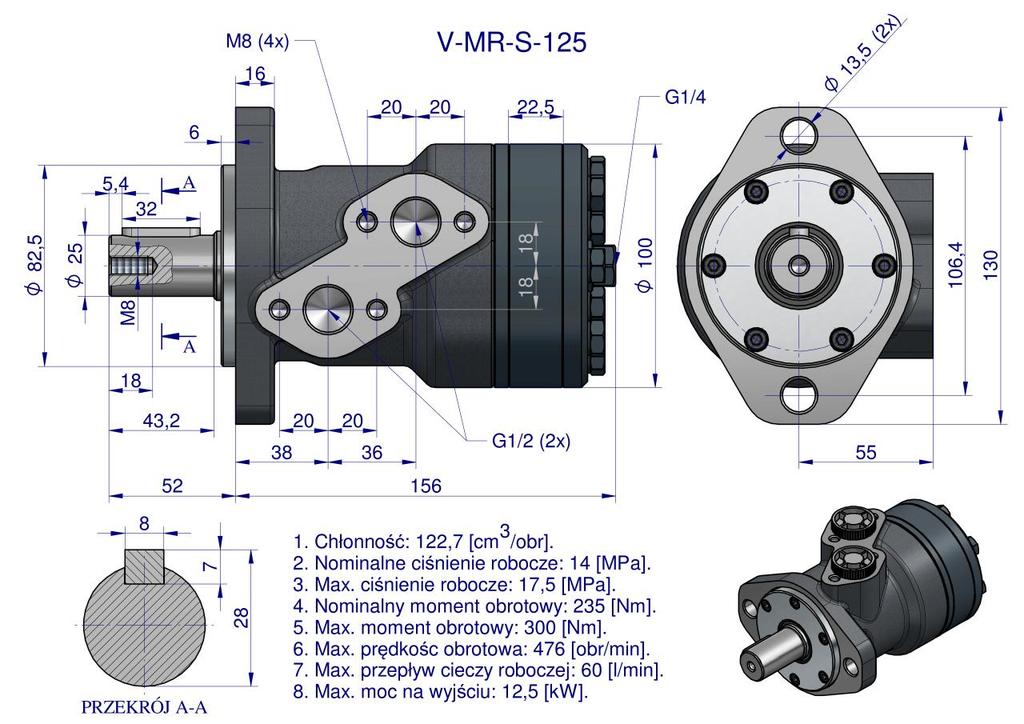 Hydraulický orbitální motor V-Mr-S 125 cm³/ot (175 bar / max. 200 bar) Síla