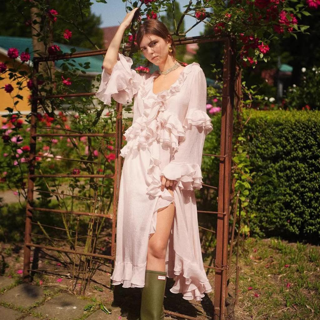 Long Dress European and American Summer New Design Irregular V-neck Ruffle Edge Split Dress