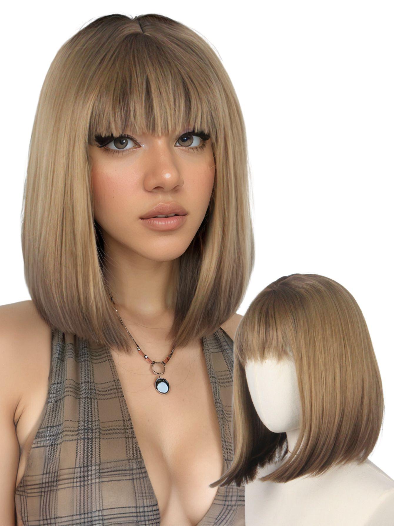 

Black Brown Gradient Short Straight Synthetic Wig Bob Hair for Women Daily Costume Party Halloween Gift Dress up Hair Wig чорний коричневого кольору
