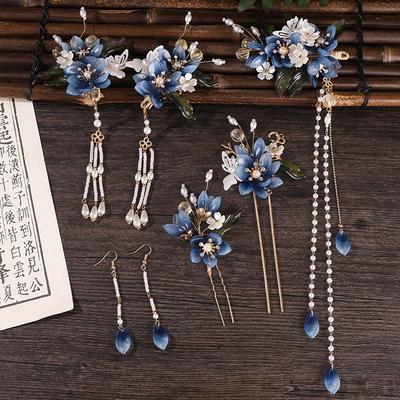 Lussuoso Fermaglio per Capelli Fiore Blu Fermaglio per Capelli Perla Nappa Lunga Bastoncino per Capelli Bacchetta Accessori per Capelli Hanfu Cinesi Set di Gioielli Vintage