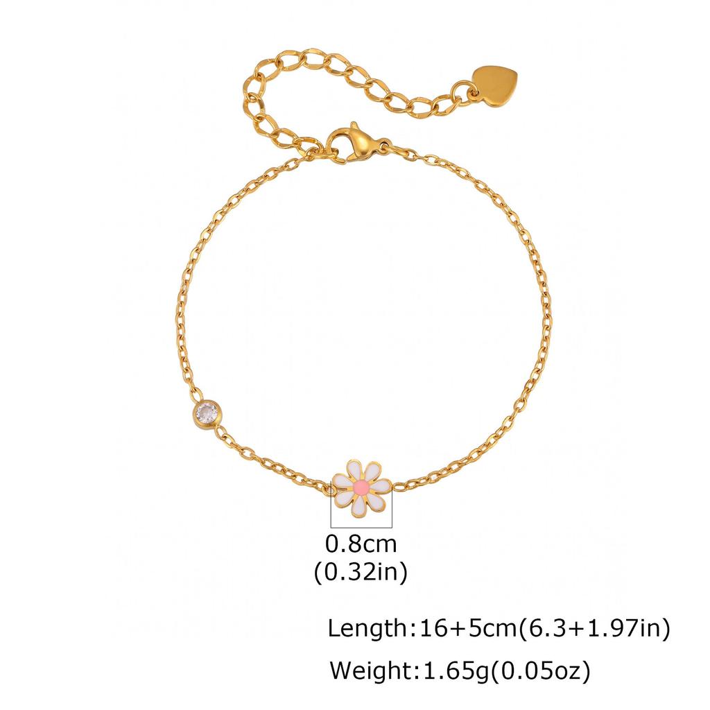 Minimalist Enamel Daisy Flower Bracelet, 18K Gold Plated Stainless Steel, Waterproof Dainty CZ Charm Jewelry Gift