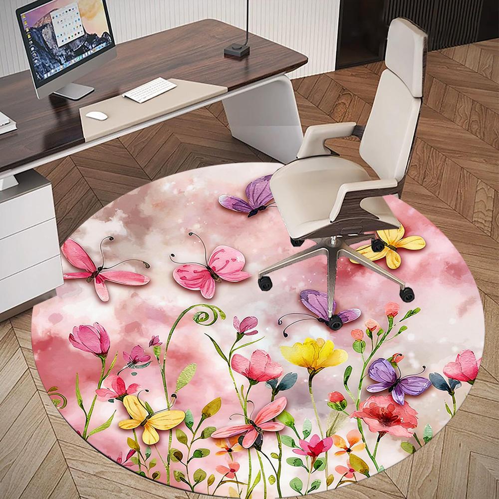 1pc Butterflies Flowers Round Chair Mat Office Area Rug - Non-Slip, Floor Mat for Office, Bedroom, and Indoor Decor P127232