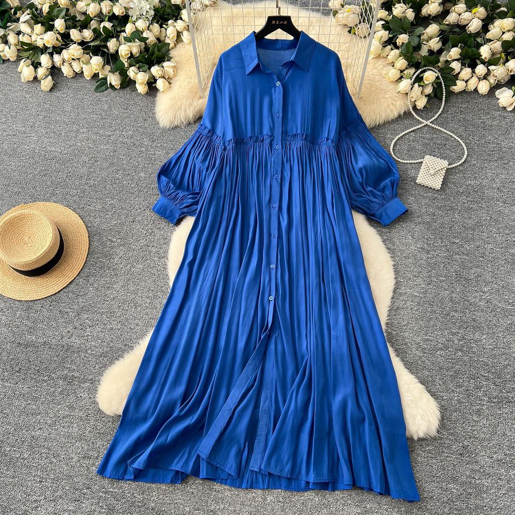 Women Spring Vintage Loose Dresses Women Lantern Sleeve Turn-down Collar Solid Single Breasted Casual Folds Long Dress