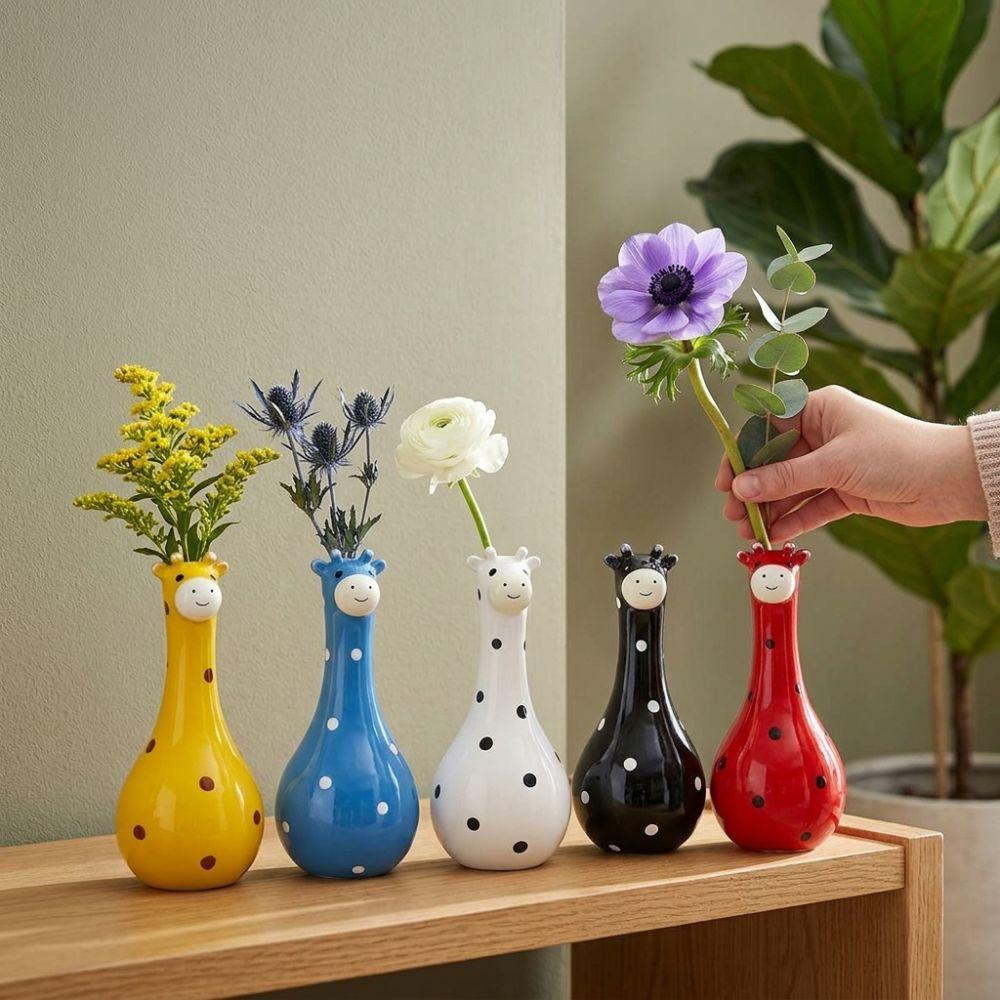Hand Painted Cartoon Giraffe Resin Vase Novelty Cute Animal Flower Holder  Desktop Decor