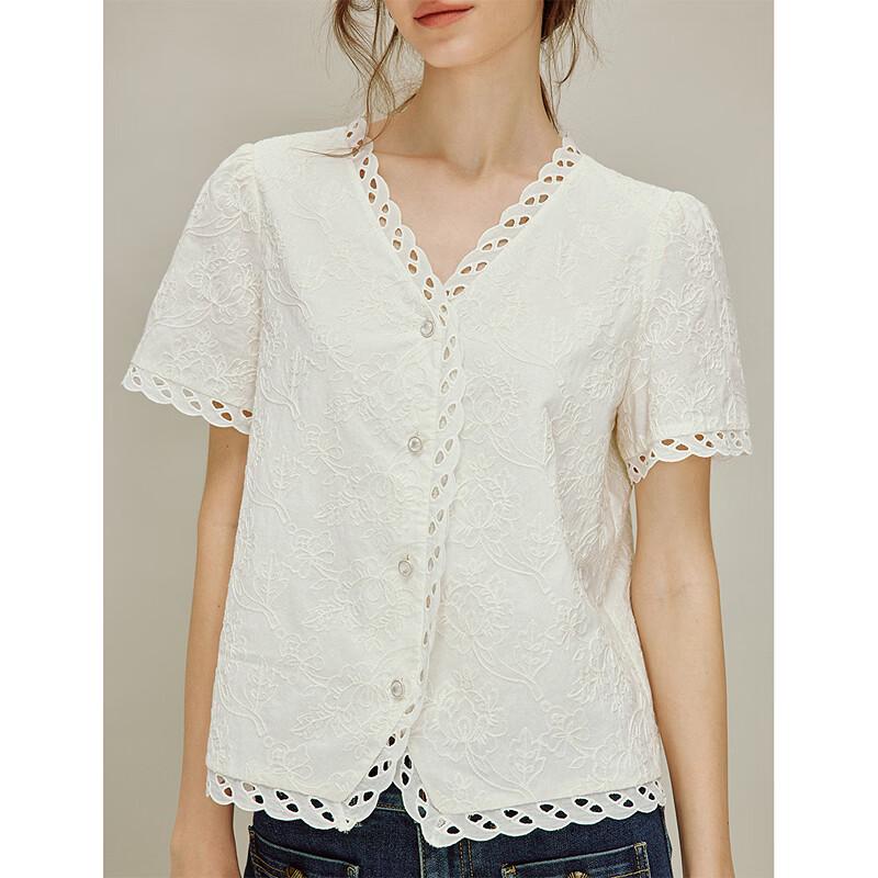 INMAN French Embroidered V-Neck Short Sleeve Shirt