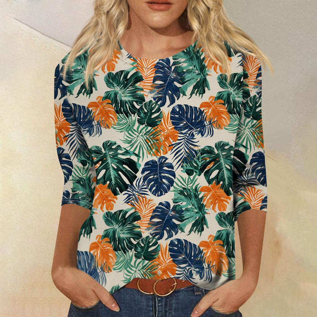 Módní vintage top s 3/4 rukávem pro ženy, dámská ležérní halenka s tříčtvrtečním rukávem a kulatým výstřihem s potiskem