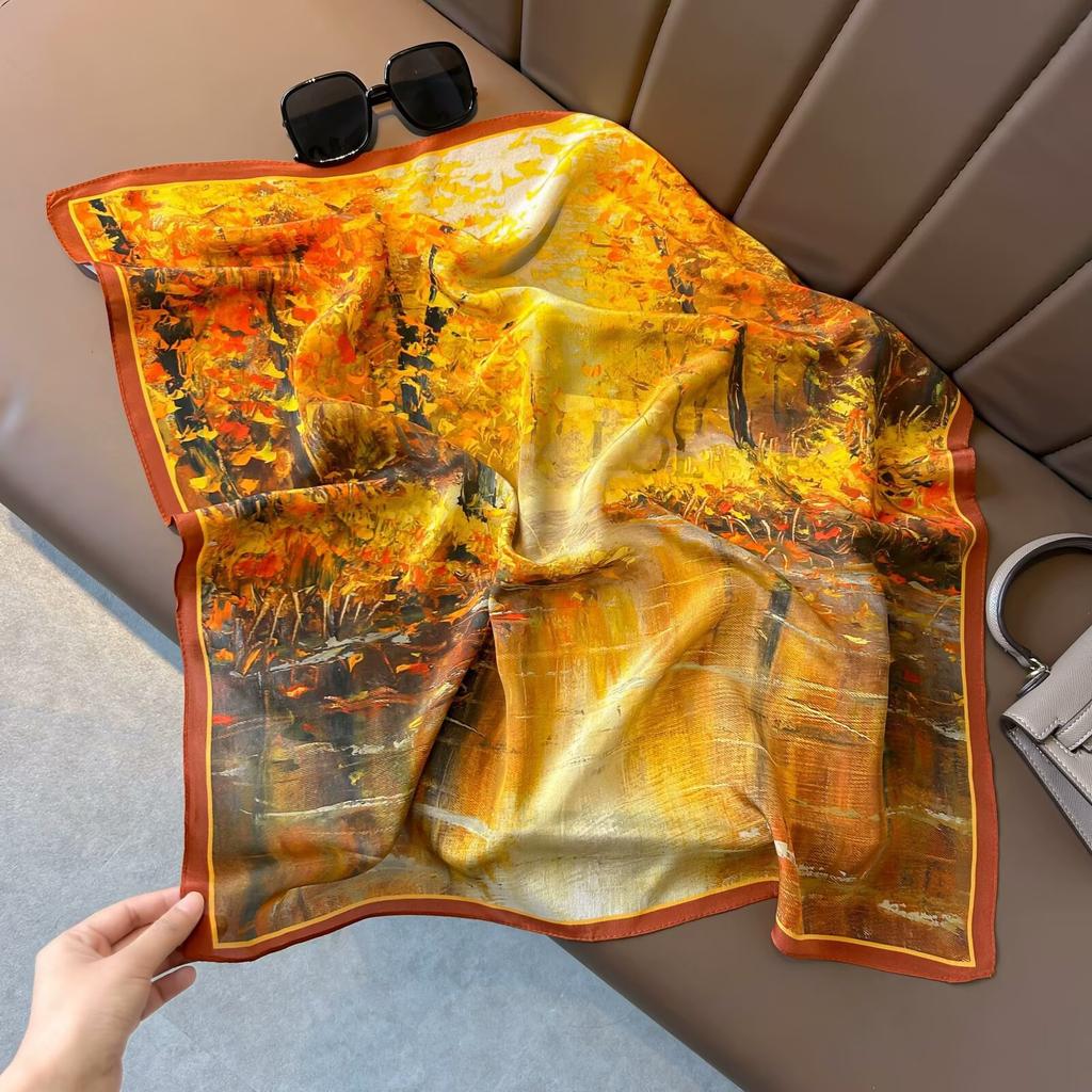 Retro Old Money Wind Silk Double Crepe Silk Scarf Women's Spring and Summer Senior Sense Versatile 100% Mulberry Silk Square Scarf Thin Scarf