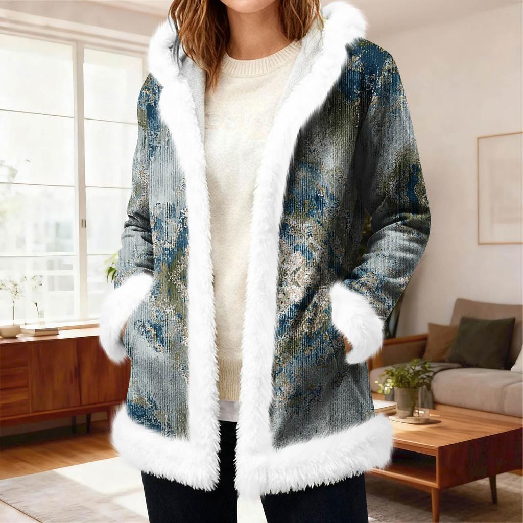 Lässiger Damen-Fleece-Kapuzen-Cardigan mit Taschen Warme Oberbekleidung