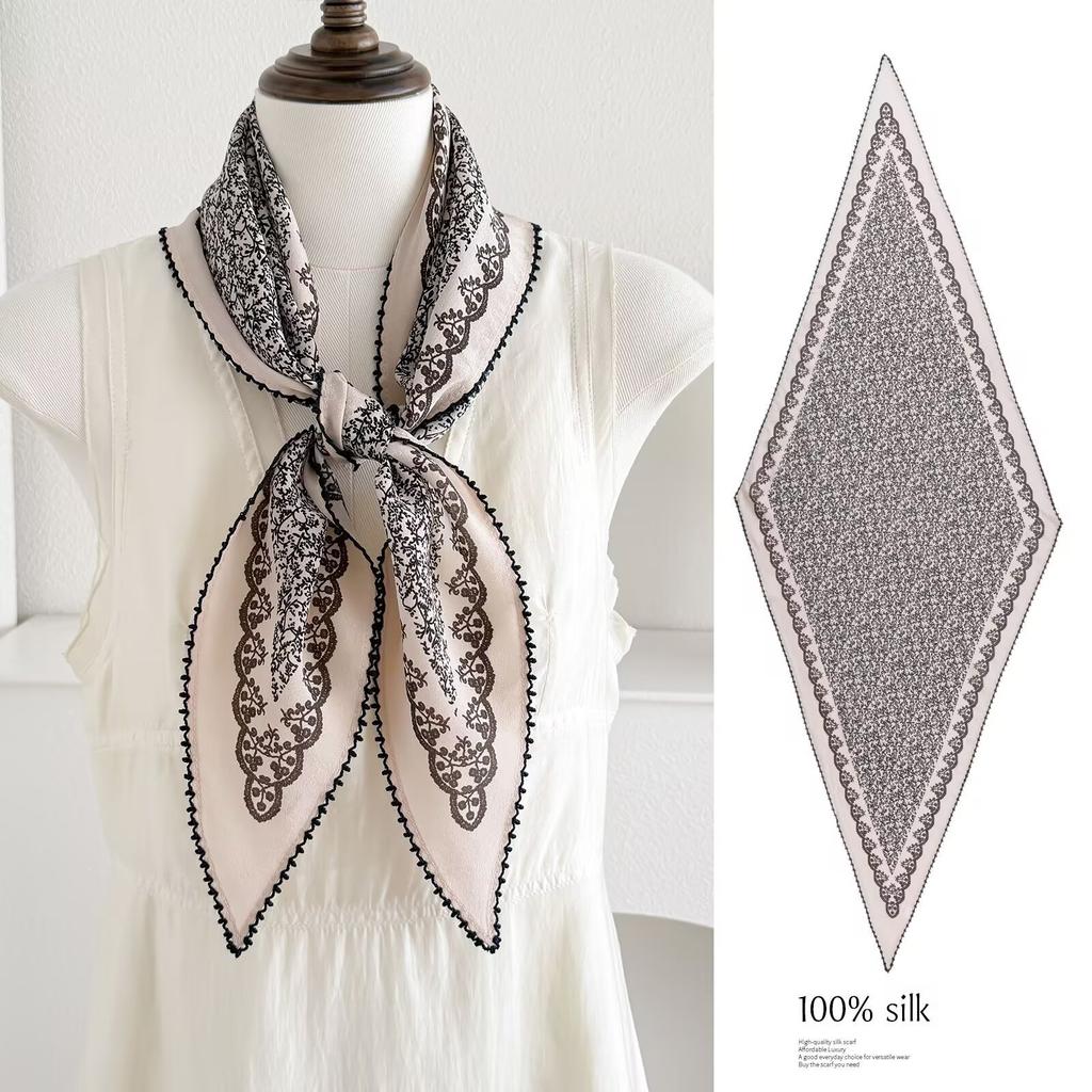 Spring new retro 111 mulberry silk silk scarf fashion temperament silk double crepe lace rhombus scarf accessories