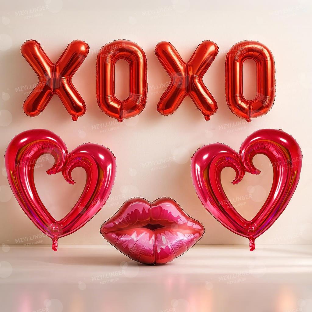Valentine's Day Balloon Set XOXO Letter Red Lips Heart shaped Balloon for Single Girl's Birthday Decor on Valentine's Day