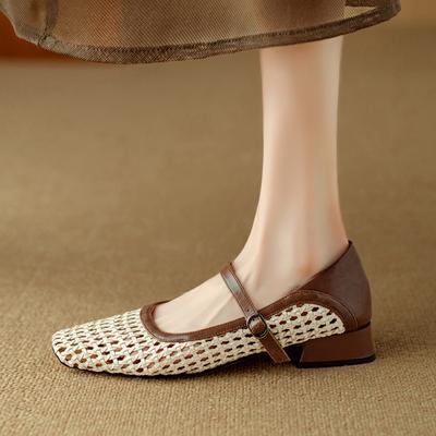 Fashion Women's New Spring and Autumn Woven Genuine Leather Cowhide Breathable Mid Heel Large Belt Buckle Mary Jane Single Shoes