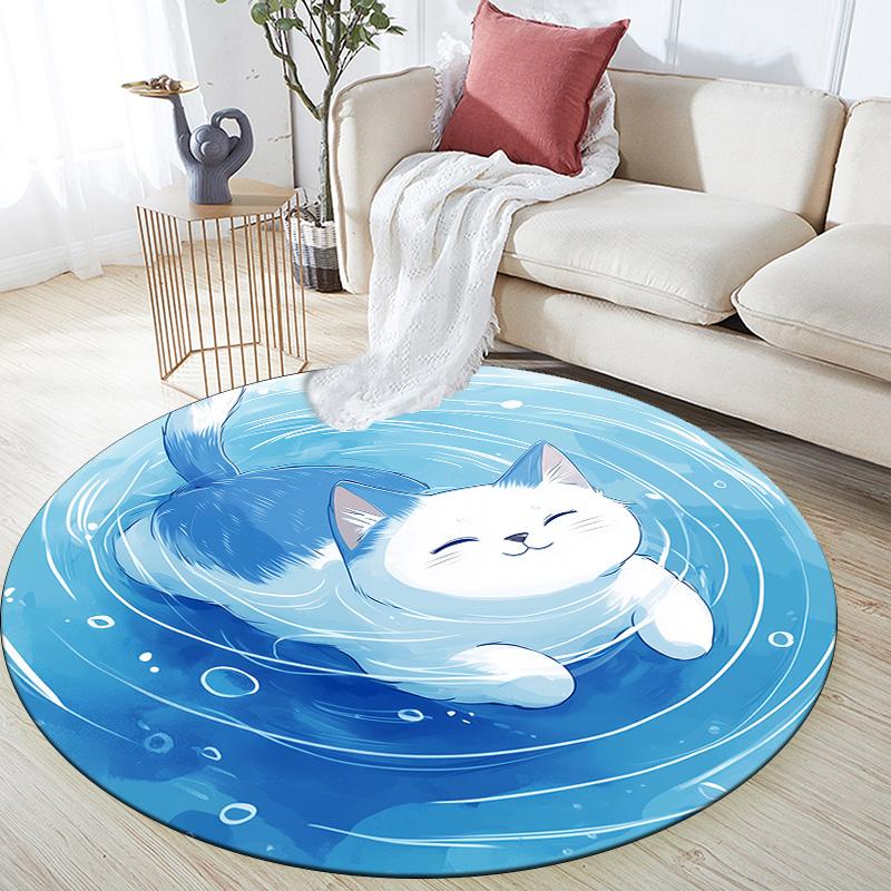Water Ripple Cat,Round Area Rug,Carpet Rug for Living Room Bedroom Sofa Playroom Decor,Non-slip Floor Mat