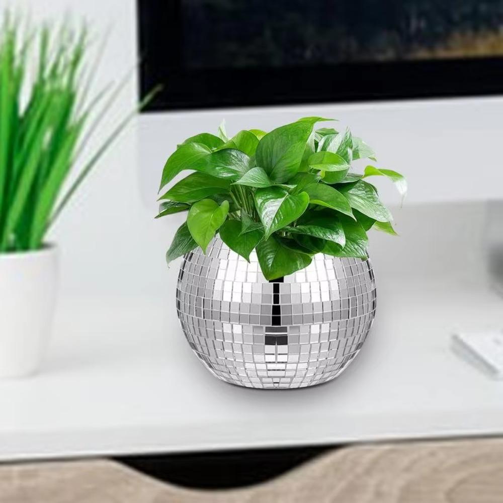 Silver Mirror Glass Flower Vase Home Decoration Disco Ball Plant Holder Plant Planting Pot  Home