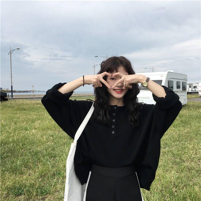 

Korean Solid Color Round Neck Sweater Female Loose Bottoming Sweater Simple Button Shirt